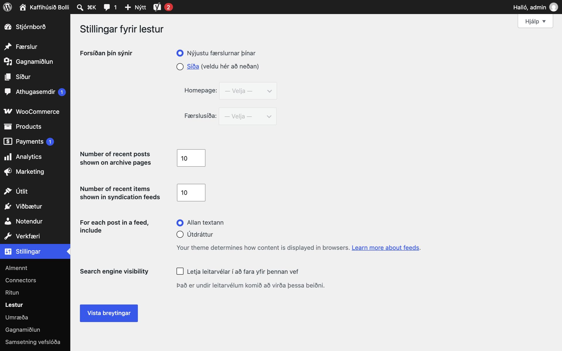 Stillingar fyrir lestur í WordPress. Valið er á milli nýjustu færslna og fastrar síðu sem forsíðu, með reitum fyrir Homepage og Færslusíðu.