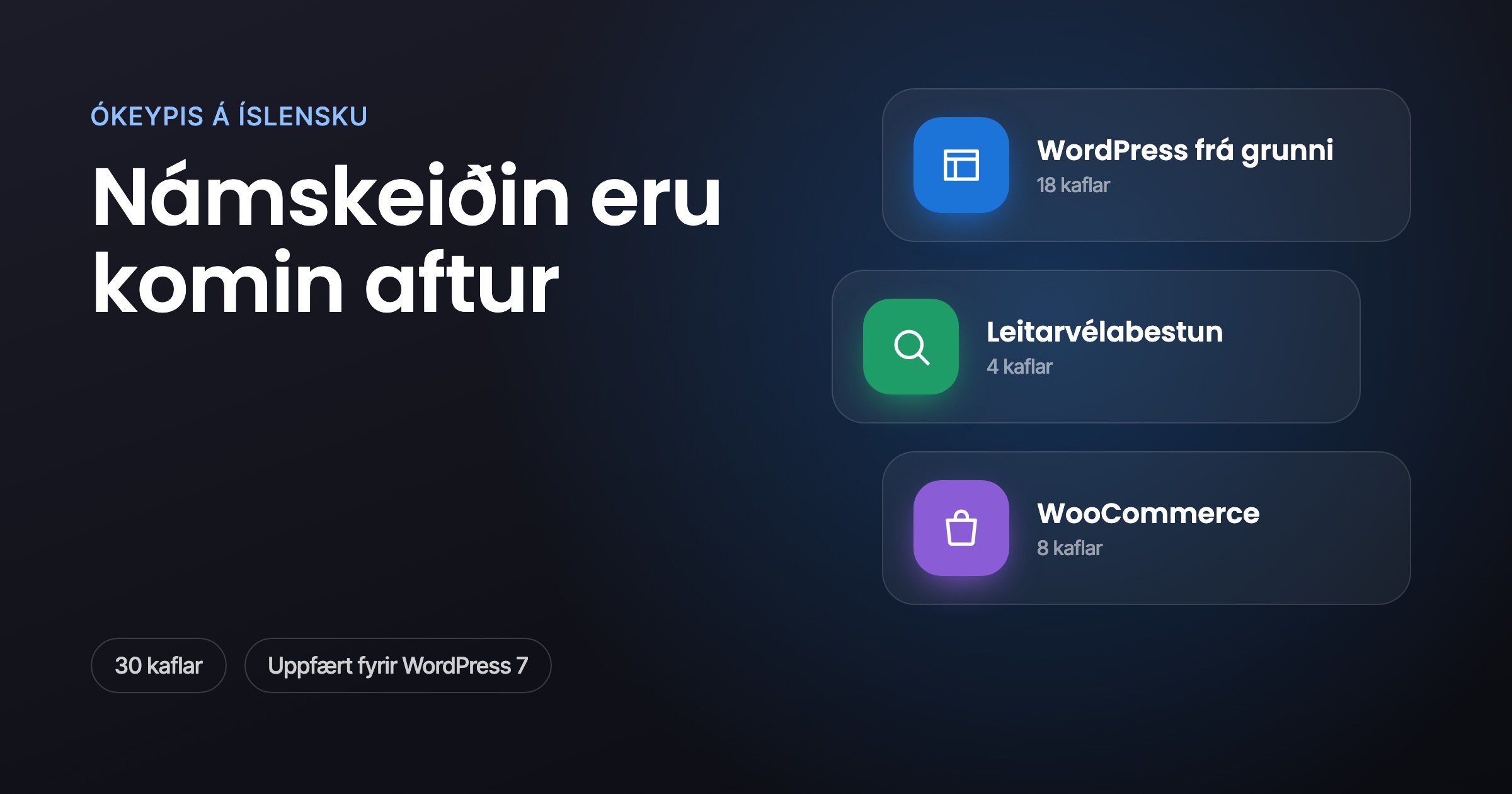 Þrjú námskeið Vefaldar: WordPress frá grunni, leitarvélabestun og WooCommerce, 30 kaflar samtals.