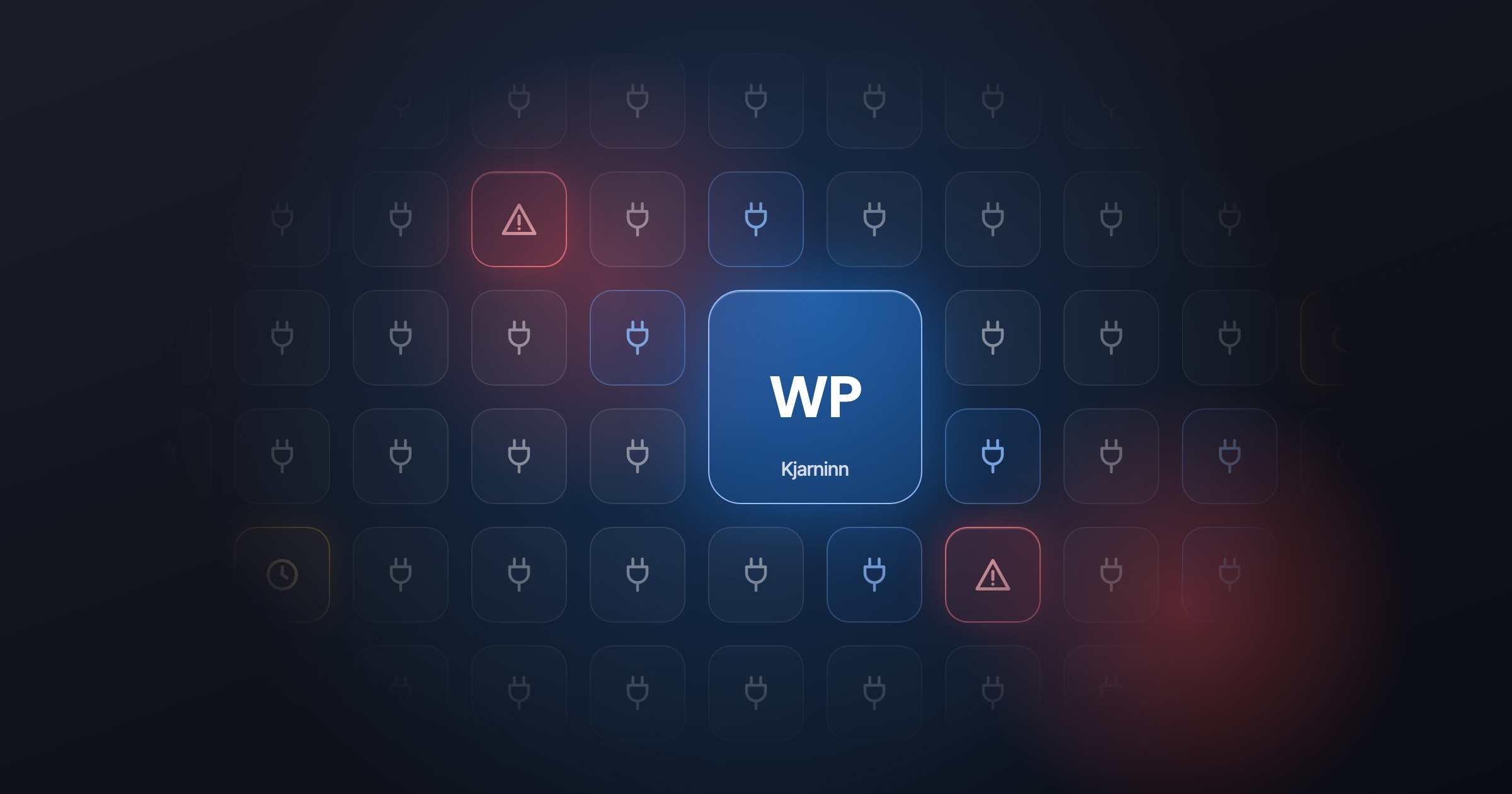 Kjarni WordPress í miðjunni umkringdur viðbótum. Tvær viðbætur eru merktar með viðvörun.