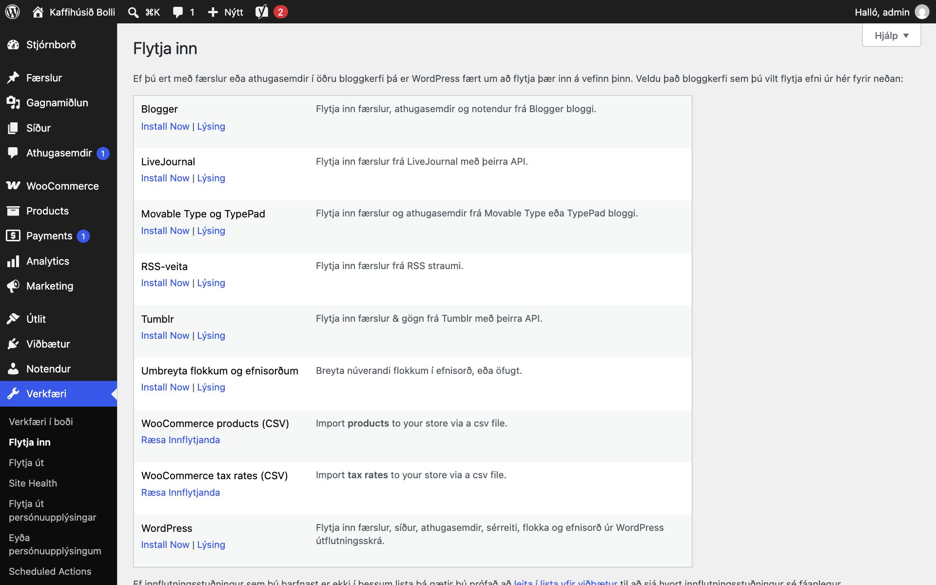 Síðan Flytja inn í WordPress með lista yfir innflytjendur: Blogger, LiveJournal, Movable Type og TypePad, RSS-veita, Tumblr, Umbreyta flokkum og efnisorðum, WooCommerce products (CSV), WooCommerce tax rates (CSV) og WordPress, hver með tenglinum Install Now eða Ræsa Innflytjanda.