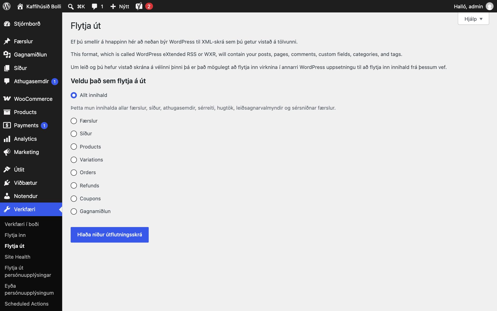 Síðan Flytja út í WordPress. Textinn útskýrir að WordPress búi til XML-skrá á sniðinu WXR með færslum, síðum, athugasemdum, sérreitum, flokkum og efnisorðum. Valið er „Allt innihald“ og neðar eru valkostirnir Færslur, Síður, Products, Variations, Orders, Refunds, Coupons og Gagnamiðlun, auk hnappsins „Hlaða niður útflutningsskrá“.