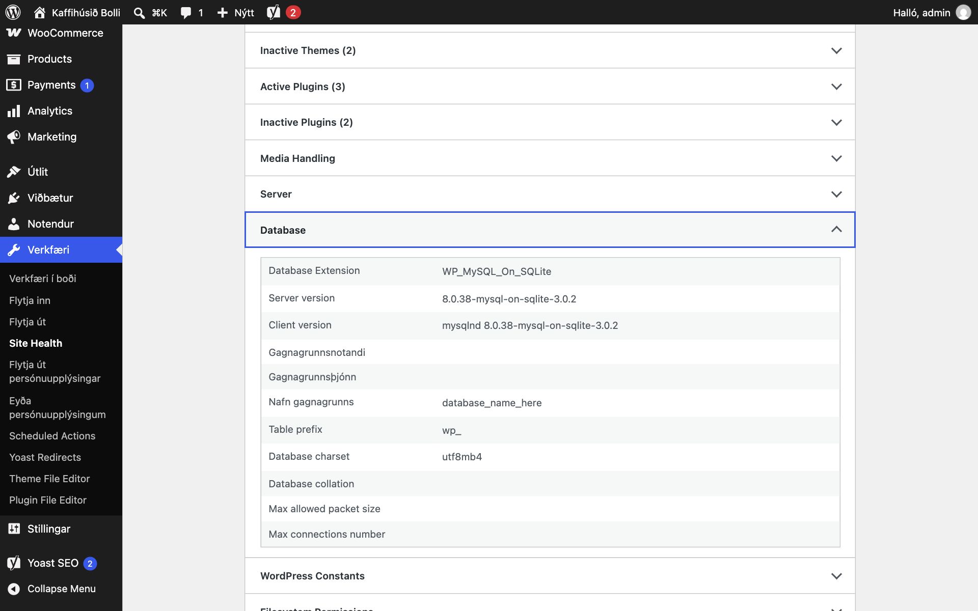 Info-flipinn í Site Health í WordPress með hlutann Database opinn. Þar eru línur fyrir Database Extension, Server version, Client version, Gagnagrunnsnotandi, Gagnagrunnsþjónn, Nafn gagnagrunns, Table prefix sem er wp_ og Database charset sem er utf8mb4.