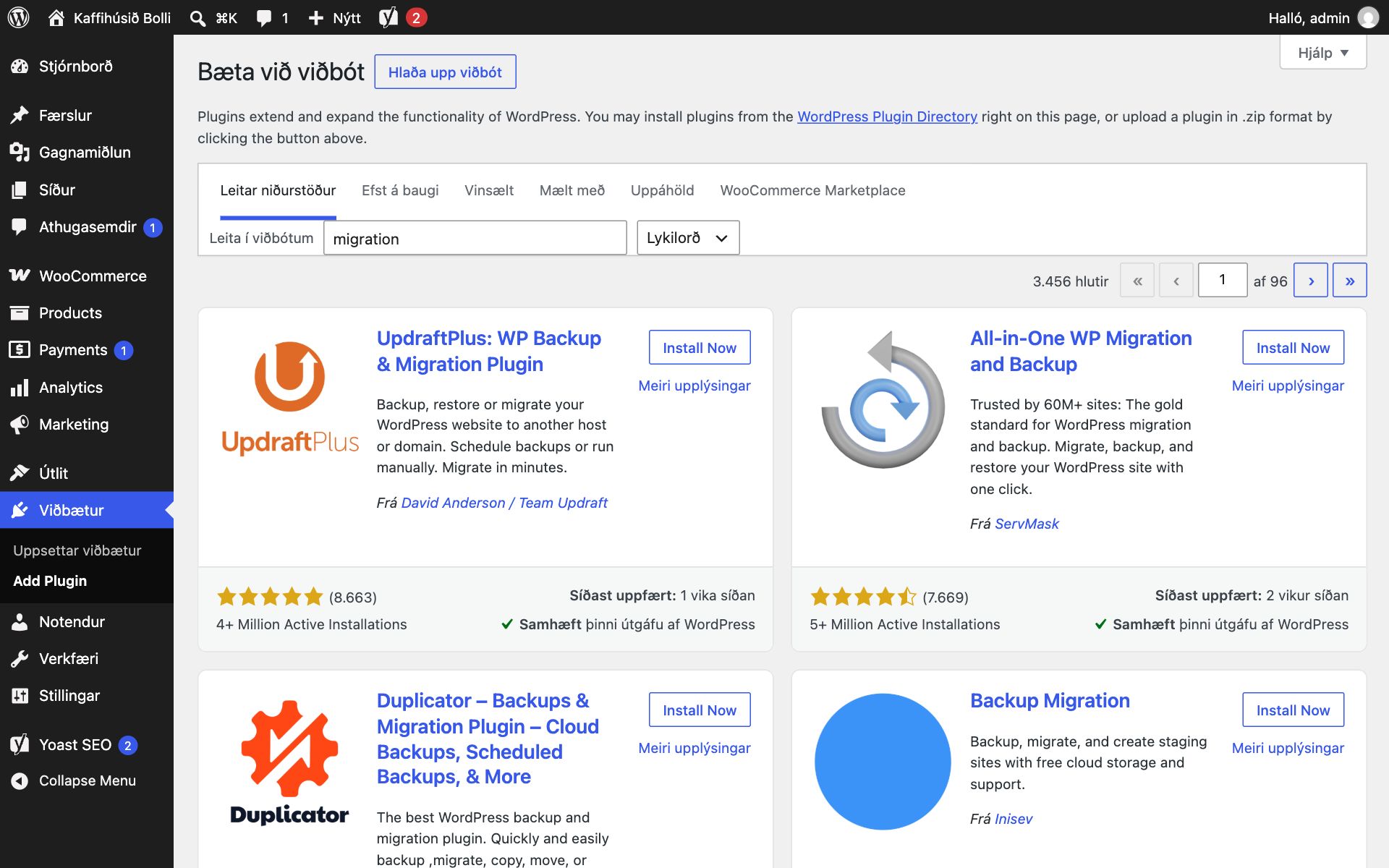 Síðan Bæta við viðbót í WordPress með leitarorðinu migration. Niðurstöðurnar eru UpdraftPlus: WP Backup & Migration Plugin, All-in-One WP Migration and Backup, Duplicator og Backup Migration, hver með hnappinum Install Now.