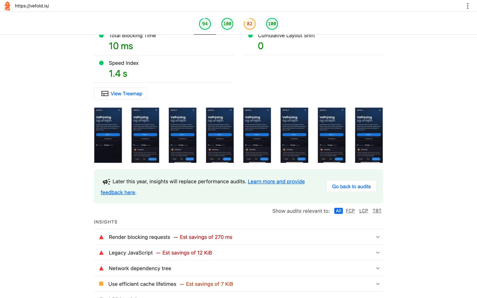 Neðri hluti Lighthouse-skýrslunnar með myndröð af hleðslunni og ábendingum eins og Render blocking requests.