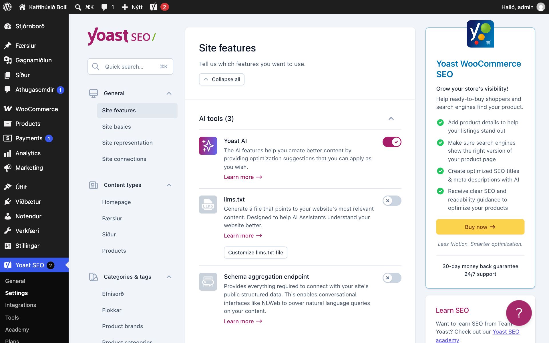 Stillingasíða Yoast SEO opin á Site features. Undir AI tools er kveikt á Yoast AI en slökkt á llms.txt og Schema aggregation endpoint.