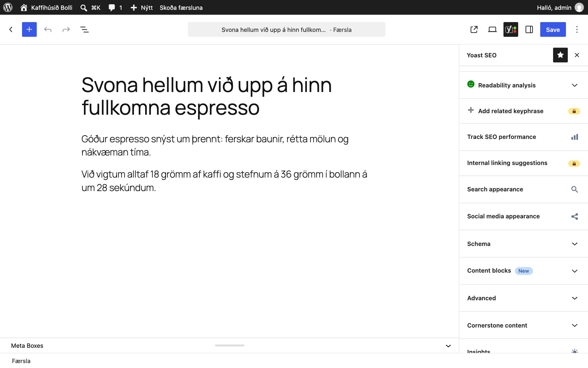 Færsla Kaffihússins Bolla opin í kubbaritli WordPress með Yoast SEO-hliðarstikuna opna. Þar eru meðal annars Readability analysis með grænu merki, Search appearance og Social media appearance.