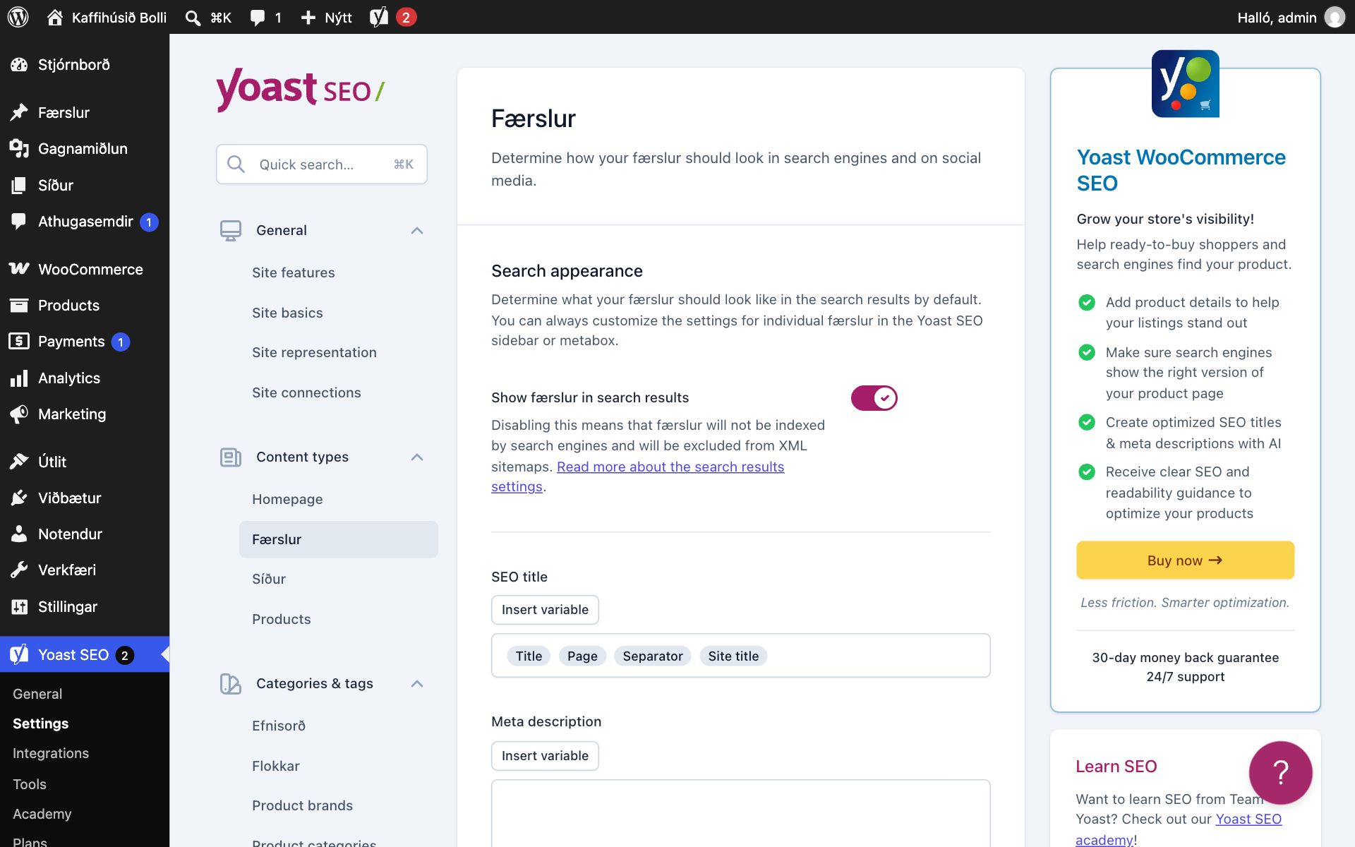 Stillingar Yoast SEO fyrir Færslur. Kveikt er á Show færslur in search results, og í reitnum SEO title eru breyturnar Title, Page, Separator og Site title.