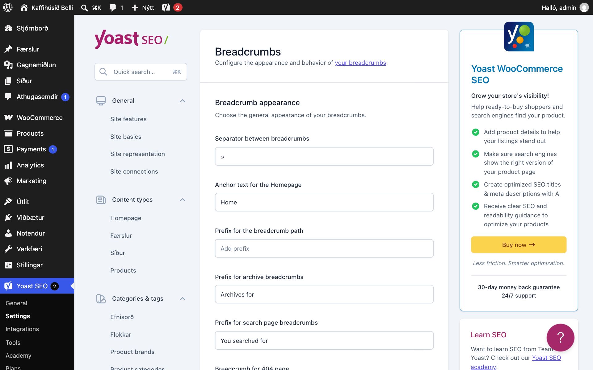 Stillingar fyrir Breadcrumbs í Yoast SEO. Skiltáknið er », textinn fyrir forsíðu er Home, og forskeytin eru Archives for og You searched for. Vinstra megin er valmynd stillinganna með General, Content types og Categories & tags.