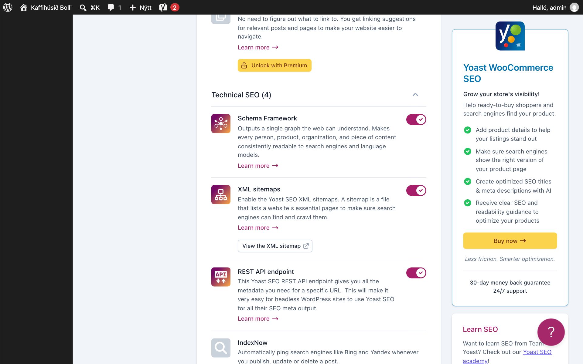 Flokkurinn Technical SEO á síðunni Site features í Yoast SEO. Kveikt er á Schema Framework, XML sitemaps og REST API endpoint, og undir XML sitemaps er hnappurinn View the XML sitemap. Neðst sést IndexNow.