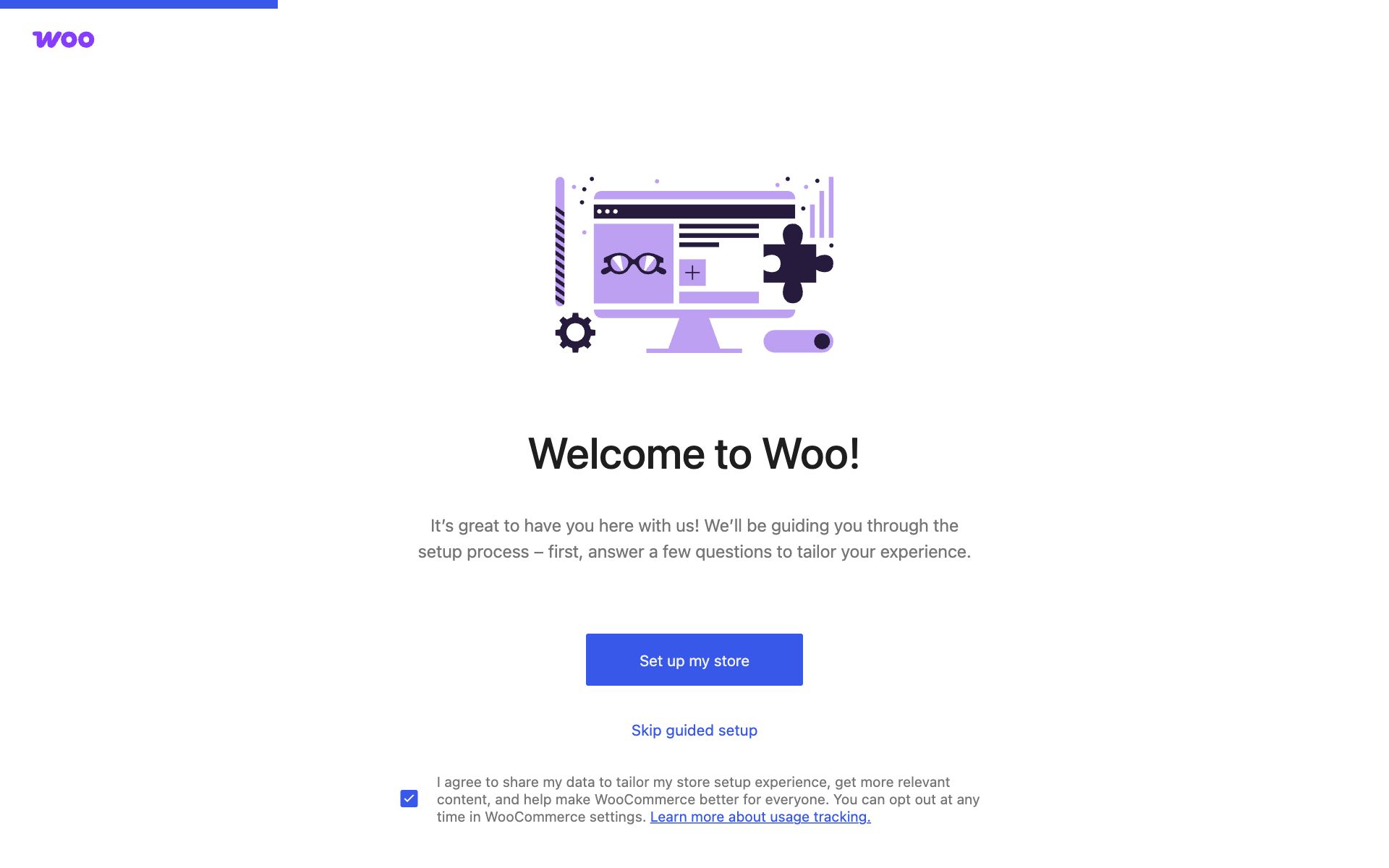 Upphafsskjár WooCommerce með fyrirsögninni Welcome to Woo! og hnöppunum Set up my store og Skip guided setup