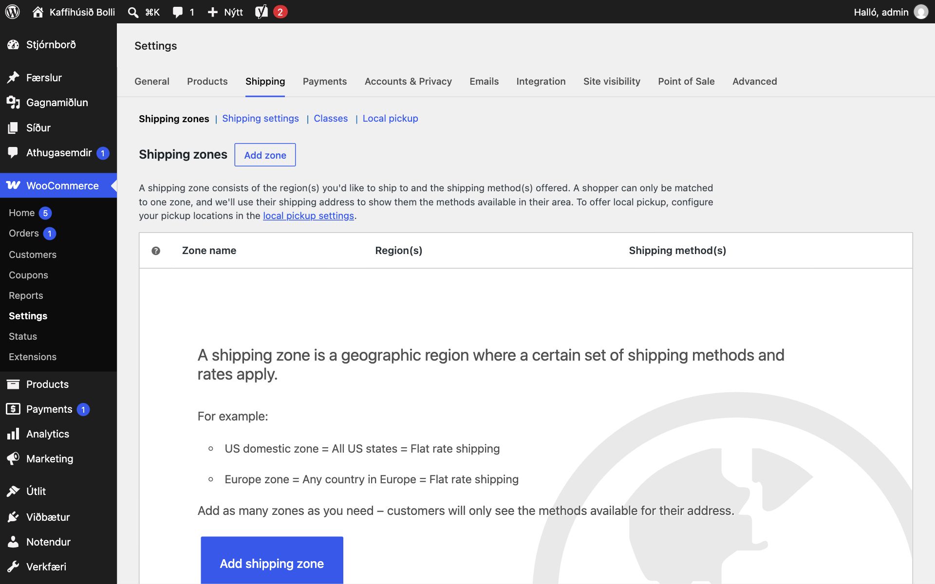 Shipping-flipinn í stillingum WooCommerce með tómum lista yfir sendingarsvæði og hnöppunum Add zone og Add shipping zone
