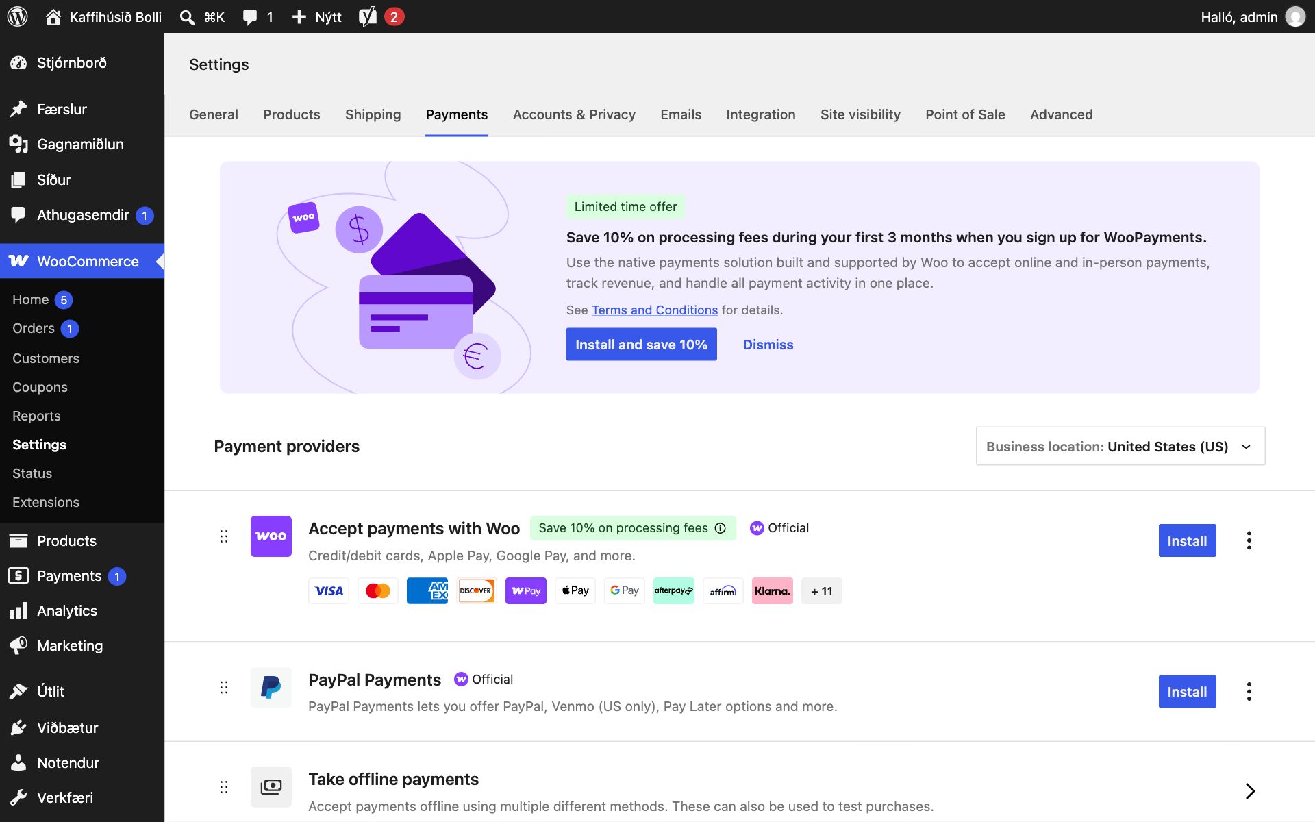 Payments-flipinn í stillingum WooCommerce með listanum Payment providers: Accept payments with Woo, PayPal Payments og Take offline payments