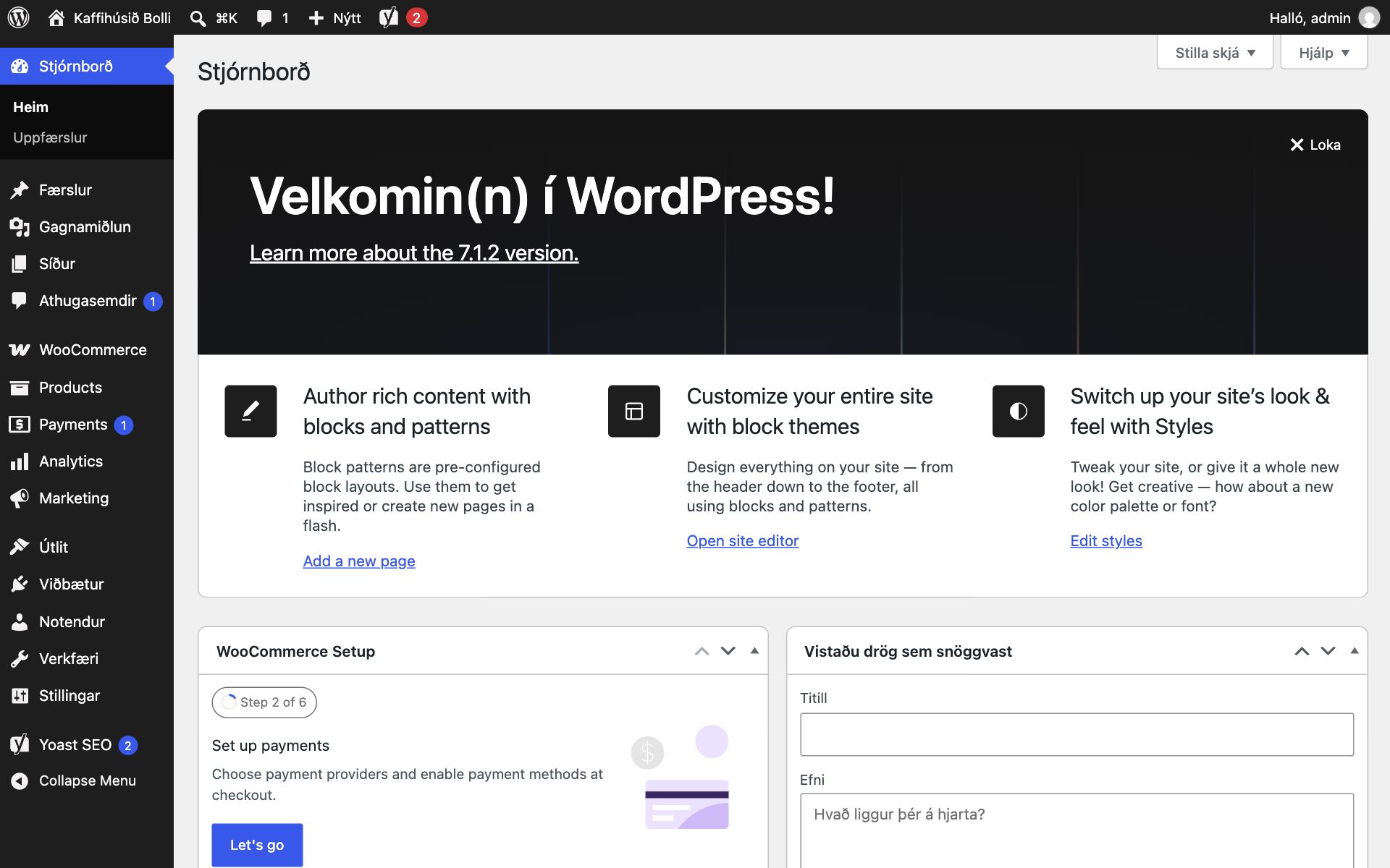 Stjórnborð WordPress á vefnum Kaffihúsið Bolli. Efst er dökk stika, vinstra megin aðalvalmynd og á vinnusvæðinu velkomukassi og kassinn „Vistaðu drög sem snöggvast“.