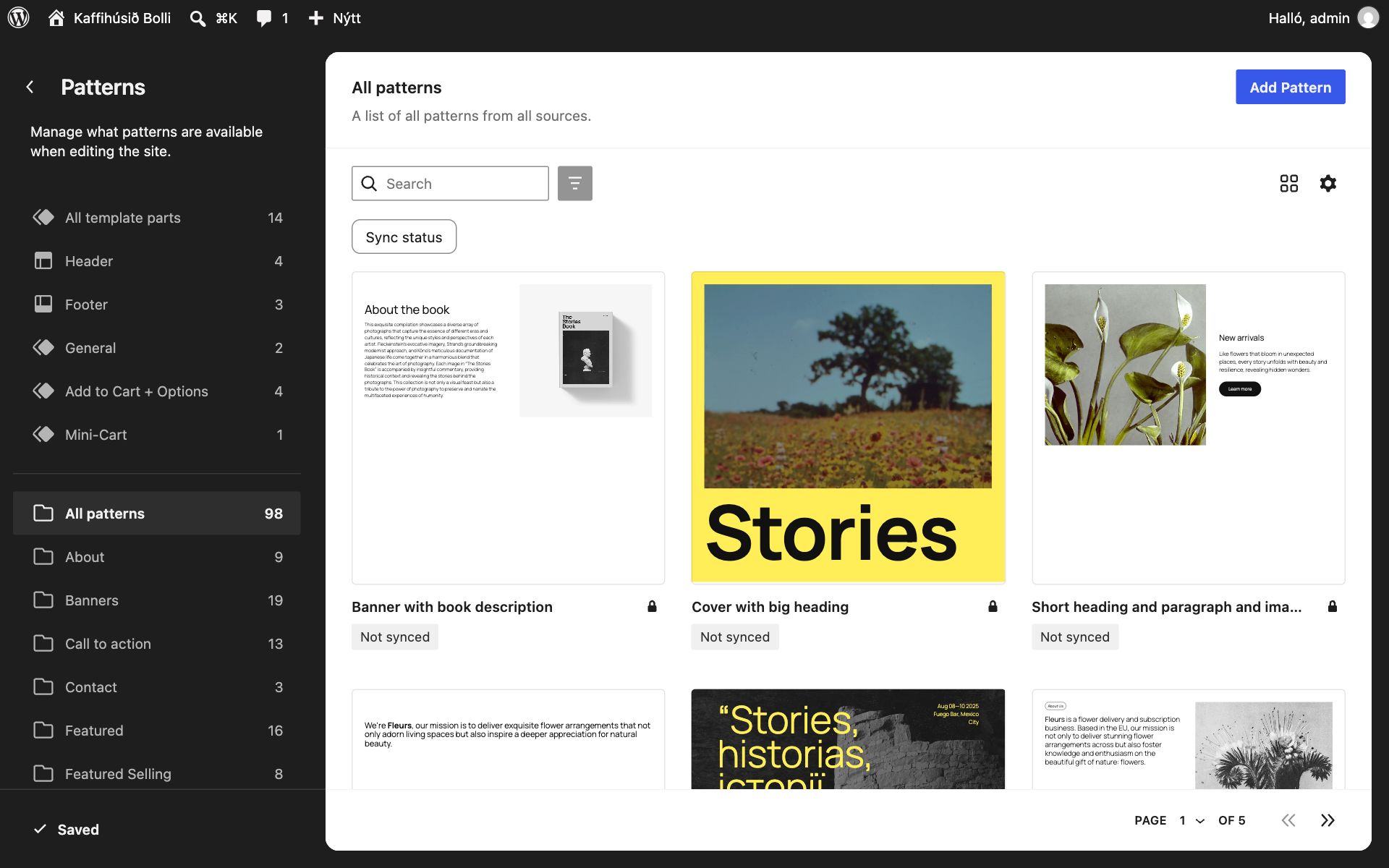 Patterns-yfirlitið í Site Editor. Vinstra megin eru sniðmátshlutar (All template parts, Header, Footer og fleiri) og fyrir neðan flokkar mynstra eins og About, Banners, Call to action og Contact. Hægra megin eru smámyndir af mynstrum merktum „Not synced“ og hnappurinn Add Pattern efst.
