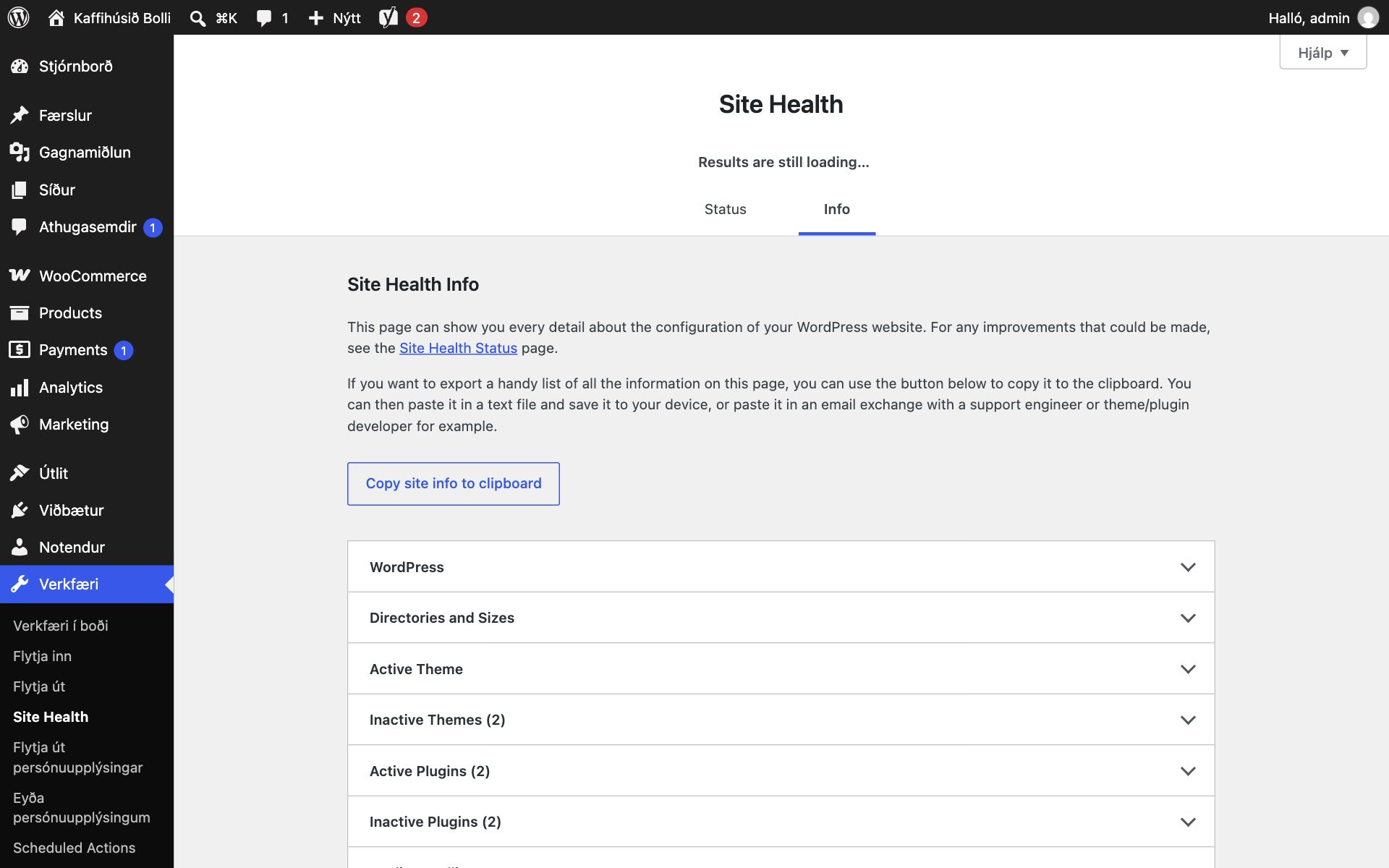 Site Health-síðan í WordPress undir Verkfærum, með flipunum Status og Info. Info-flipinn er opinn og sýnir hnappinn „Copy site info to clipboard“ og fellilista fyrir WordPress, Directories and Sizes, Active Theme, Inactive Themes, Active Plugins og Inactive Plugins.